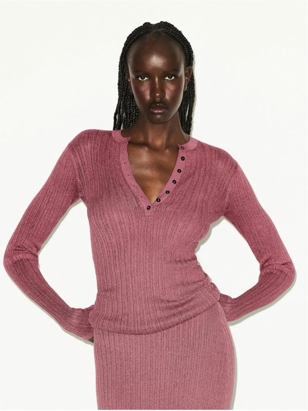 SKIMS sheer knit long sleeve Henley top | Beet